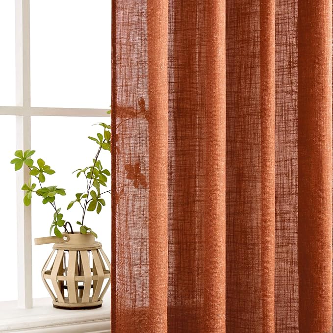 MIULEE Rust Curtains 90 Inch Length 2 Panels for Bedroom Living Room, Terracotta Soft Thick Linen Textured Window Drapes Semi Sheer Light Filtering Back Tab Rod Pocket Burlap Look Fall Decor