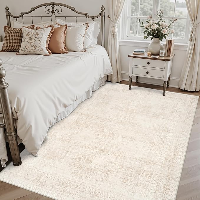 6x9 Area Rugs for Living Room: Vintage Boho Neutral Washable Rug Indoor Soft Large Area Rug Carpet for Bedroom Nursery Farmhouse Dining Room Office Floor Non-Slip Low Pile Under Table Rug Beige