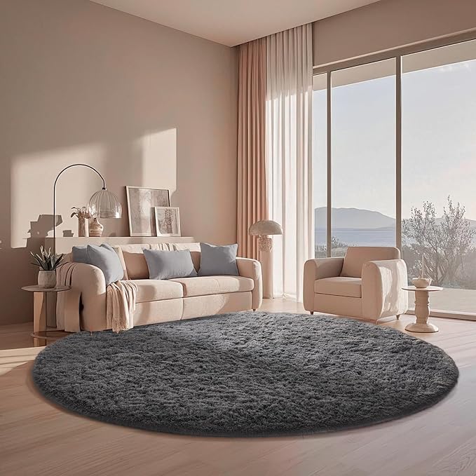 Ophanie Round Rug 6Ft Grey Circle Area Rugs, Fluffy Fuzzy Large Bedroom Carpet 6 foot, Plush Shag Solid indoor Floor Gray Living Room Christmas Circular Aesthetic Decor for Kids Teen Boys Baby,Nursery