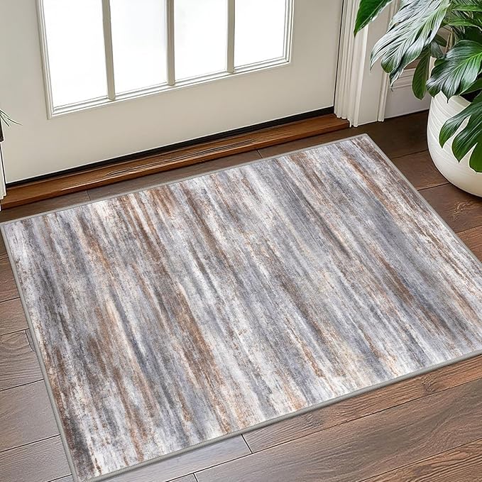 KOZYFLY Modern Abstract Small Area Rugs 2x3, Washable Kitchen Rug Non-Slip Soft Small Bathroom Rug, Grey Brown Striped Entryway Rugs Print Faux Wool Doormat for Bedside Entrance Bedroom Sink
