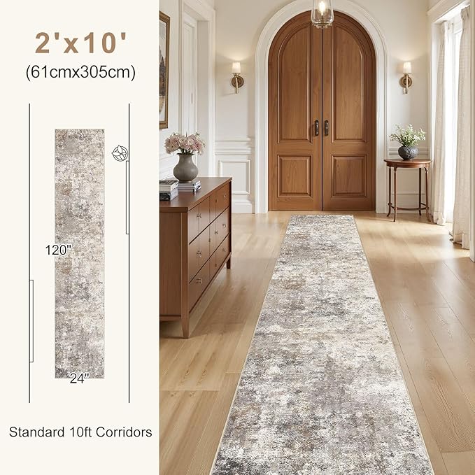 UERMEI 2X10 Washable Runner Rug for Hallway: Soft Neutral Modern Abstract Area Rug - Non-Slip Low Pile Long Throw Indoor Carpet for Kitchen Entryway Kitchen Bedroom Laundry - Brown Grey