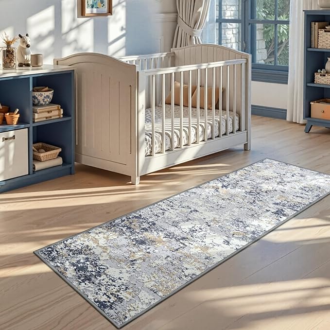 Toneed Entryway Runner Rug 2x6 for Hallway Kitchen, Washable Non-Slip Rug Runner for Indoor Entrance, Laundry Room, Bedroom, Low Pile, Abstract Blue White Gold