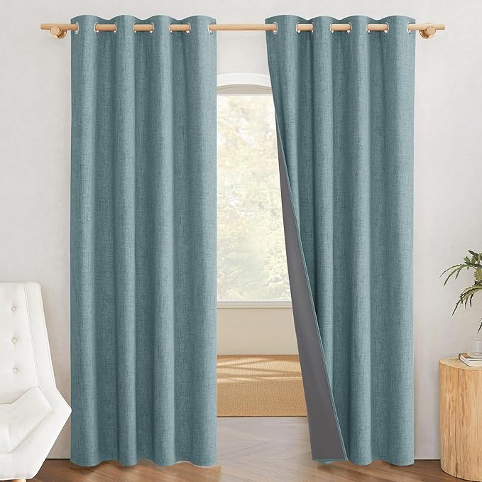 NICETOWN 100% Absolutely Blackout Linen Curtains with Thermal Insulated White Liner, Skylark Blue, 52 inches Wide, 90 inches Length Energy Saving Curtains for Living Room 2 Panels Set, Vertical Blinds