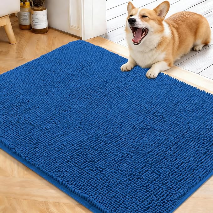 OLANLY Dog Door Mat for Muddy Paws 40x32, Absorbs Moisture and Dirt, Absorbent Non-Slip Washable Doormat, Quick Dry Chenille Mud Mat, Entry Indoor Entryway Carpet for Inside Floor, Deep Navy Blue