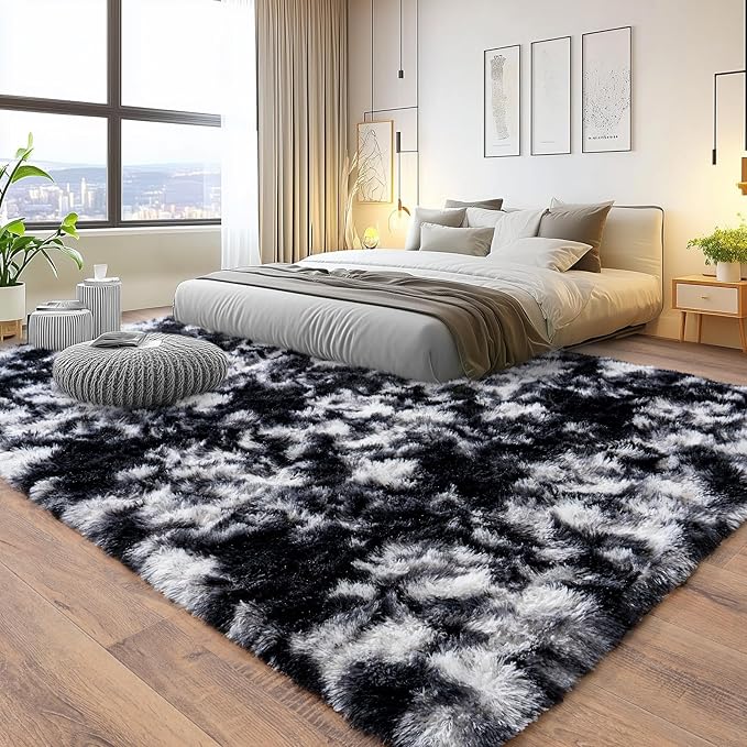 Pionblank Large Area Rug for Living Room 10x14, Fuzzy Modern Shag Rug, Fluffy Plush Non Slip Soft Furry Carpet for Bedroom Kids Room Nursery Teens Dorm Home Decor, Black White