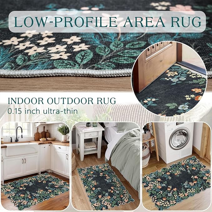 Front Door Mat Outside Entrance - 2x3 Black Floral Non-Slip Washable Doormat Indoor Outdoor Mat Boho Vintage Entry Rug Small Throw Rugs for Entryway Kitchen Front Porch Decor