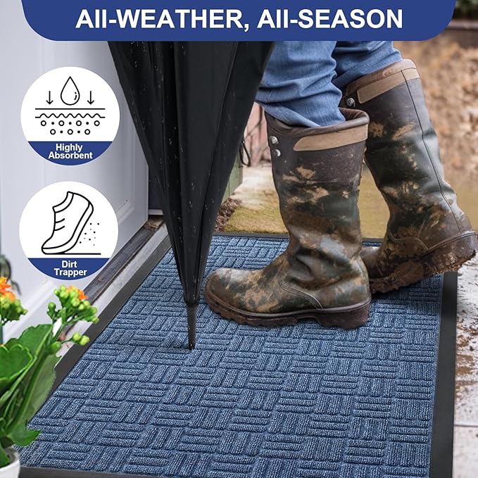 Mibao Front Door Mat, Heavy Duty Durable Welcome Mat for Outdoor Indoor, Dirt Trapper Waterproof Super Absorbent Door Mat for Entryway Outside Patio Porch, 73" x 46", Blue