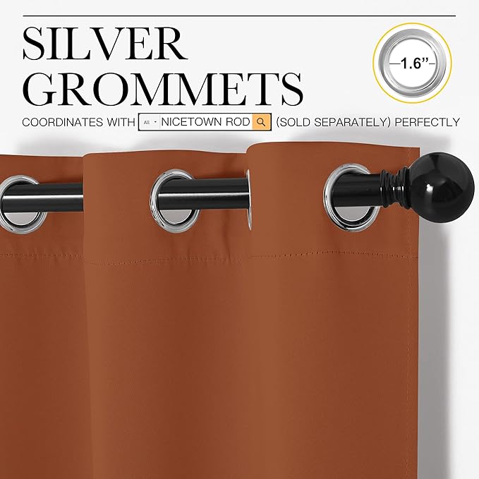 NICETOWN Bedroom Curtains 63 inches Long, Privacy and Thermal Insulated Blackout Drapes for Windows (Burnt Orange, 1 Pair, 42 x 63 inches)