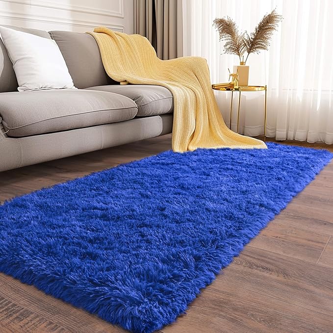 Soft Runner Rugs for Bedroom Hallways, 2x6 Royal Blue Fluffy Shag Throw Area Rug Non Slip for Bedside Dorm, Long Shaggy Furry Carpet for Nursery Living Room