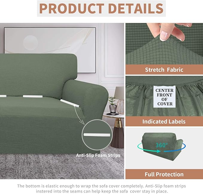 Easy-Going 100% Waterproof Oversized Loveseat Couch Cover, Dual Waterproof Sofa Cover, Stretch Jacquard Sofa Slipcover, Leakproof Furniture Protector for Kids, Pets, Grayish Green