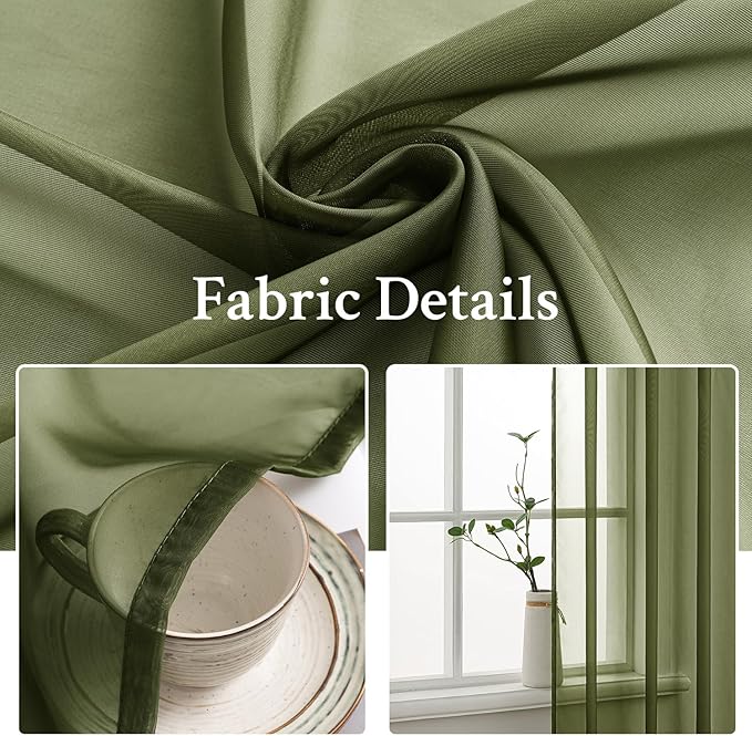 MIULEE 2 Panels Solid Color Sheer Window Curtains Elegant Window Voile Panels/Drapes/Treatment for Bedroom Living Room (54X54 Inches Olive Green)