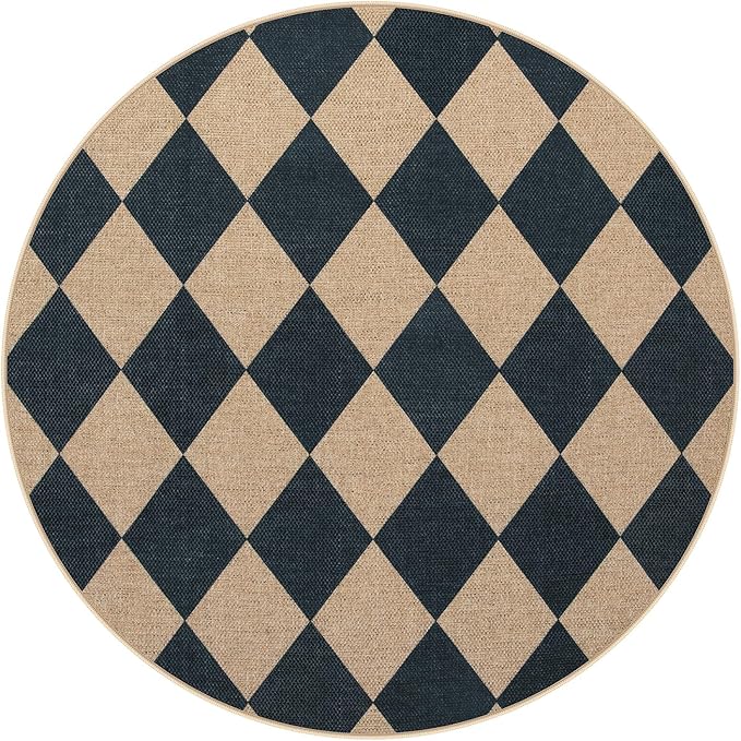 Lahome Colette Checkered Round Entryway Rug 4ft, Circle Indoor Outdoor Patio Rug Washable Farmhouse Easy Jute Kitchen Rugs, Contemporary Non Slip Round Carpet for Bedroom Front Porch
