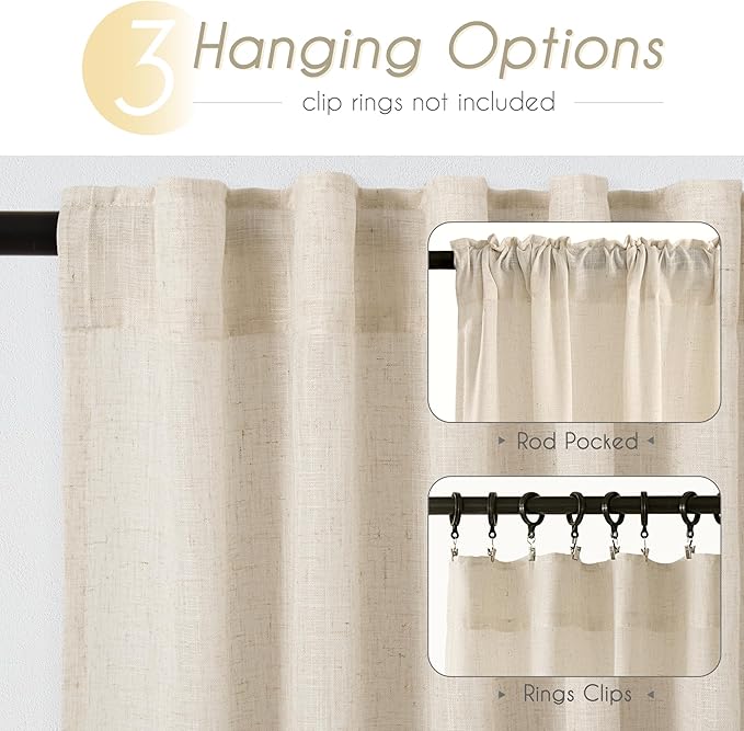 Apricot Linen Curtain 108 inch Length 2 Panels Set Back Tab Light Filtering Living Room Curtain Drapes Home Office Modern Minimalist Decor Farmhouse Boho Neutral Cream Semi Sheer Curtain 108 inch Long