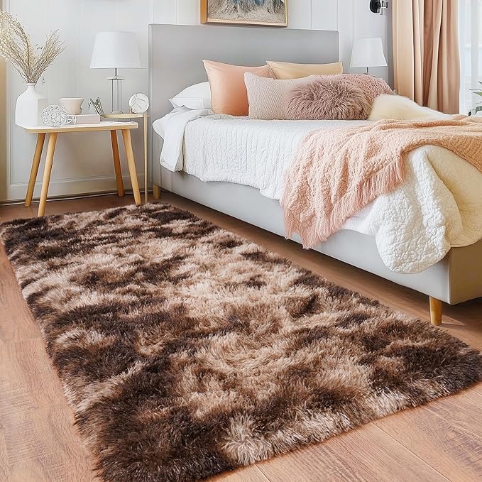 Runner Rugs for Bedroom, 2x6 Fluffy Throw Area Rug Non Slip for Bedside Dorm Hallways, Long Soft Shag Carpet for Nursery Living Room, Tie-Dyed Brown