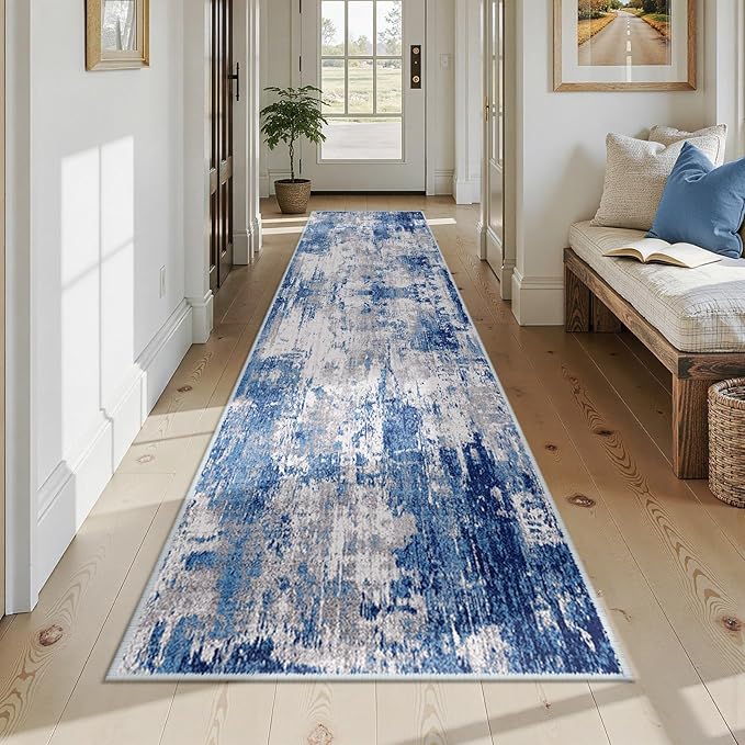 Washable Area Rugs 2'6'' x14 Non-Slip Modern Abstract Soft for Living Room Entryway Bedroom Nursery, Print Pattern, Blue Grey Navy Gray