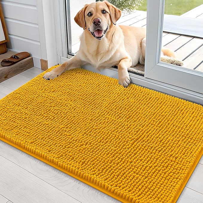 OLANLY Dog Door Mat for Muddy Paws 35x24, Absorbs Moisture and Dirt, Absorbent Non-Slip Washable Doormat, Quick Dry Chenille Mud Mat, Entry Indoor Entryway Carpet for Inside Floor, Golden Yellow