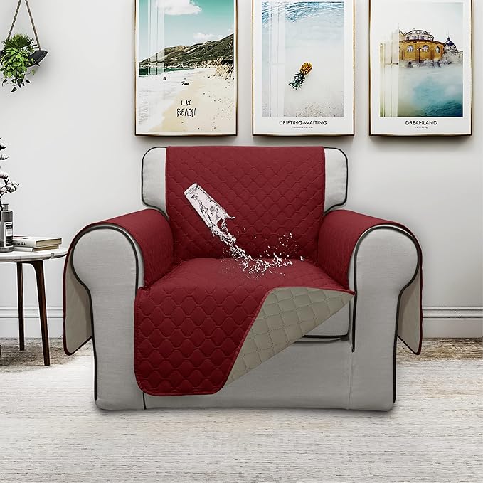 ISSUNTEX Double Protection 100% Waterproof Chair Sofa Cover for Living Room, Reversible Furniture Protector for Dogs, Pets, Kids (Chair, Christmas Red/Beige)