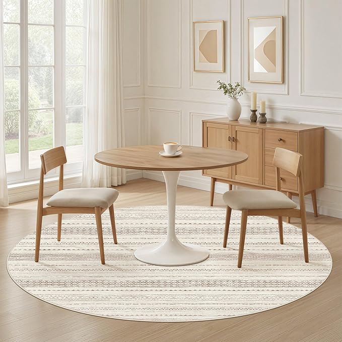 Nakagishi Round Rug Boho Area Rugs: 4x4 Washable Large Circle Neutral Soft Stain Resistant Non-Slip Carpet for Women Aged 25-45 Farmhouse Decor Enthusiasts - Living Room Bedroom Dining Room Nursery