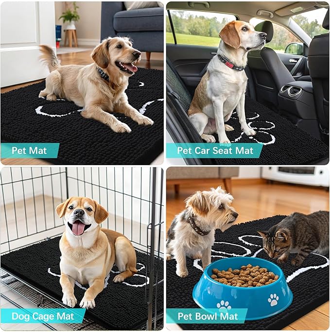 OLANLY Dog Door Mat for Muddy Paws 48x30, Paw Print Design, Absorbs Moisture and Dirt, Absorbent Non-Slip Washable Doormat, Quick Dry Chenille Mud Mat for Dogs, Entry Indoor Entryway Carpet, Black