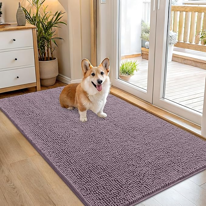 OLANLY Dog Door Mat for Muddy Paws 54x32, Absorbs Moisture and Dirt, Absorbent Non-Slip Washable Doormat, Quick Dry Chenille Mud Mat for Dogs, Entry Indoor Entryway Carpet for Inside Floor, Deep Plum