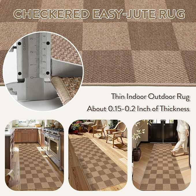 Lahome Colette Checkered Easy Jute Kitchen Runner, 2x8 Washable Indoor Outdoor Runner Rug, Checkerboard Non Slip Non Shedding Neutral Carpet for Hallway Entryway Foyer