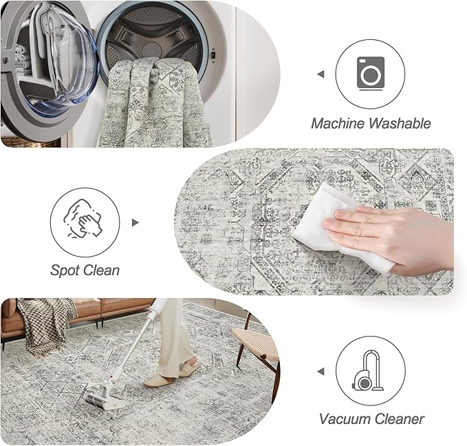 5x7 Area Rugs Grey Low Pile Indoor Washable Trendy Faded Style Floral Rugs for Bedroom Living Room Dining Room Foldable Non-Slip Thin Print Mat