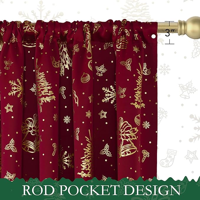 NICETOWN 2 Panels Christmas Red Curtains 52 x 84 Inch, Gold Foil Printed Rod Pocket Drapes, Xmas Theme Window Treatment for Holiday Home Decor, Set of 2 Christmas Style Curtain Panels