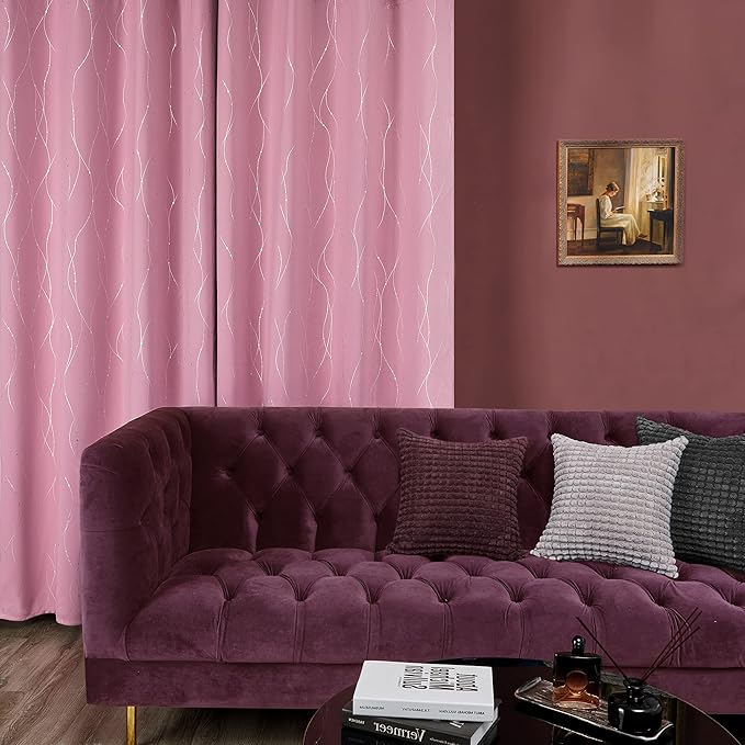 Deconovo Short Blackout Curtain, Pink Curtain, Thermal Insulated Soundproof Grommet Drapes, Wave Line Dot Foil Print, 38 x 54 Inch, 2 Panels, Machine‑Washable Window Panel for Small Windows Kitchne