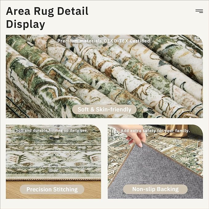 6x9 Area Rugs for Living Room Non-Slip Washable Rugs 6x9 Vintage Rug for Bedroom Dinning Room Ultra-Thin Area Rugs Farmhouse Home Decor Olive/Beige