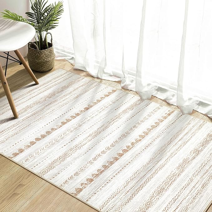 Nakagishi Area Rug Living Room Rugs: 4x6 Soft Machine Washable Boho Neutral Farmhouse Stain Resistant Moroccan Indoor Floor Carpet for Bedroom Nursery Kids Entryway Kitchen Entry Bedside Home- Brown