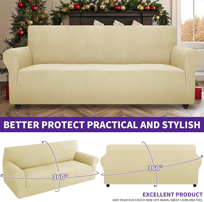 ZNSAYOTX Super Stretch Couch Cover (72"-92") Universal Sofa Covers with Elastic Bottom, Dog Cat Pets Friendly Washable Furniture Protector Fitted Sofa Slipcovers Stay in Place (Beige, Sofa)