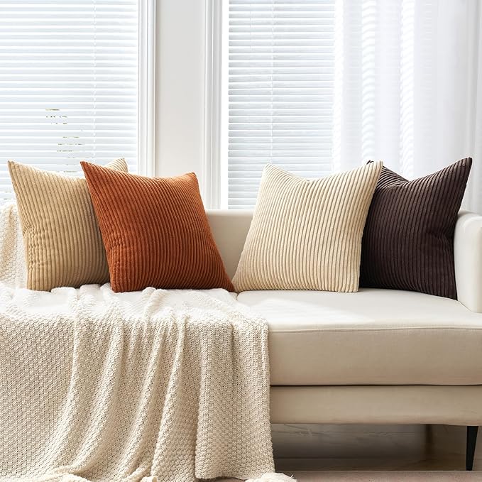 MIULEE Boho Farmhouse Throw Pillow Covers 18x18 Inch Set of 4 Rustic Mordern Neutral Cushion Covers Soft Corduroy Nordic Home Decor for Couch Bed Sofa Living Room Chocolate Brown/Rust