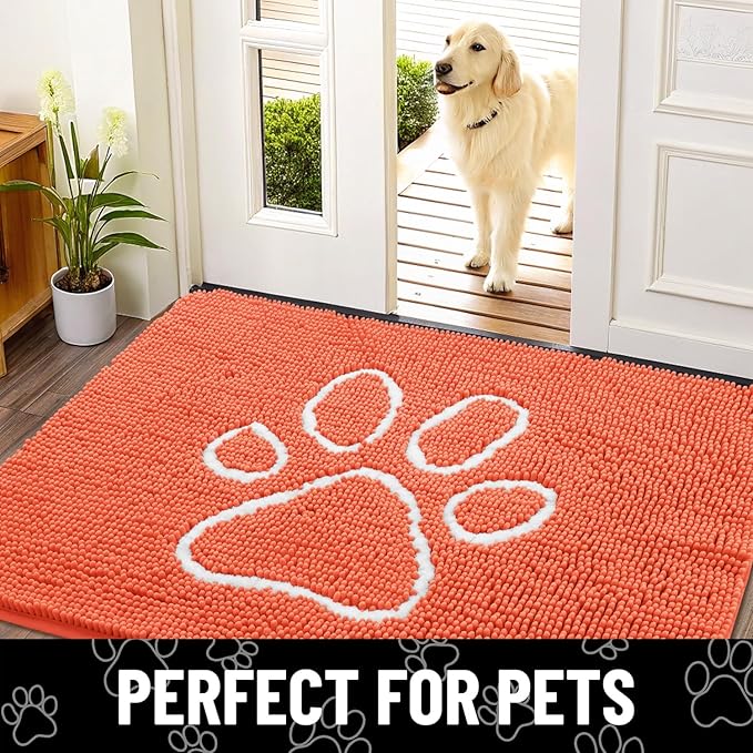 Smiry Dog Door Mat for Muddy Paws, Absorbent Dirt Trapper Non Slip Quick Dry Washable Chenille Mat for Mud Dogs, Entry Rug for Indoor and Outdoor (30x20 Inches, Coral and White)