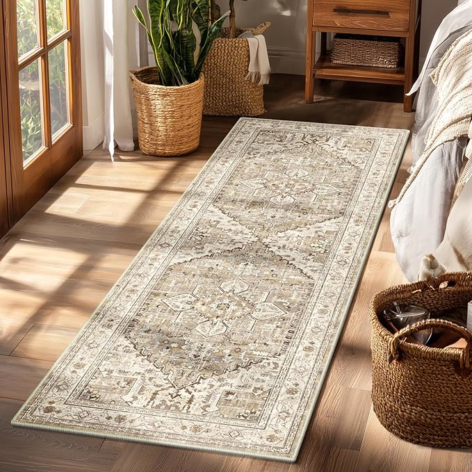 Yamaziot Washable Runner Rug, 2x6 Non-Slip Boho Vintage Hallway Rug Runner with Rubber Backing, Stain Resistant Faux Wool Distressed Carpet Runner for Kitchen, Laundry, Entrance, Beige Brown