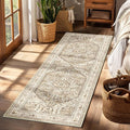 Yamaziot Washable Runner Rug, 2x6 Non-Slip Boho Vintage Hallway Rug Runner with Rubber Backing, Stain Resistant Faux Wool Distressed Carpet Runner for Kitchen, Laundry, Entrance, Beige Brown
