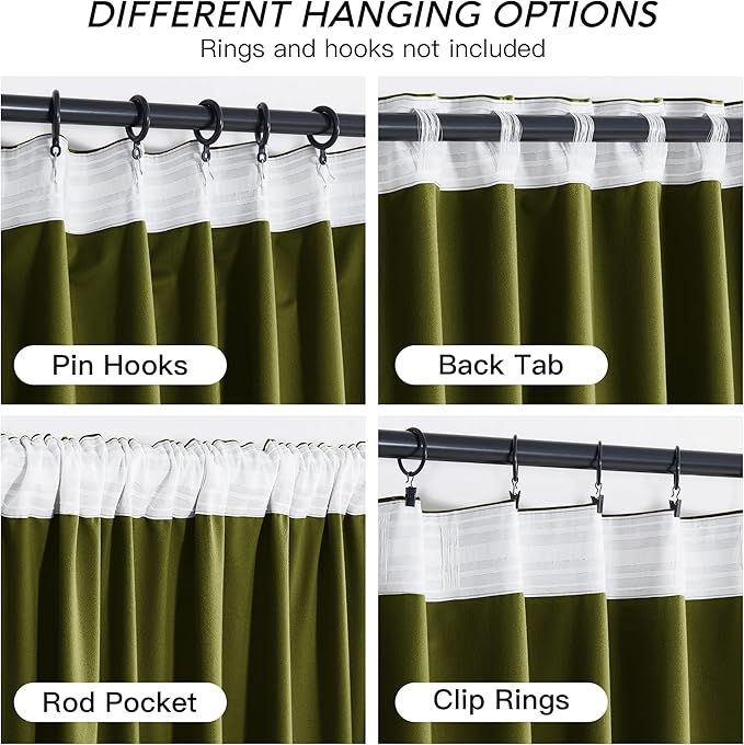 RYB HOME Green Velvet Curtains 102 inches with Hook Belt, Soft Fabric Room Darkening Thermal Insulated Luxurious Home Decor Curtains for Living Room Bedroom, W 52" x L 102", 2 Panels Set