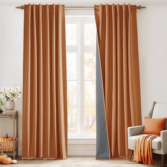 RYB HOME Burnt Orange Total Blackout Curtains Linen Texture, Rustic Fall Curtains for Bedroom/LivingRoom/Office, Thermal Insulated Boho Farmhouse HomeDecor, Luxury Privacy Drapes, W52xL90, 2 Panels