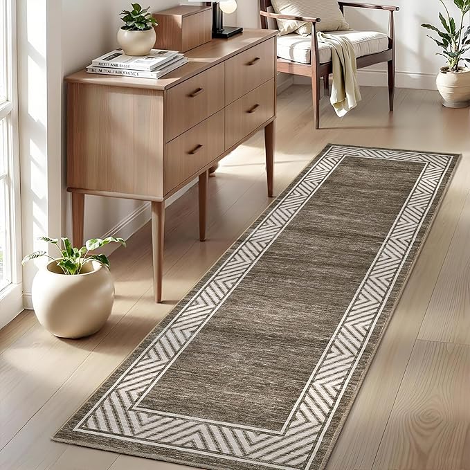 GarveeHome Washable Hallway Rug 2x6 Narrow Modern Bordered Floor Runner, Non-Shedding Contemporary Bedside Rug, Foldable Ultra-Thin Carpet Runner for Bedroom, Kitchen, Laundry Room, Brown