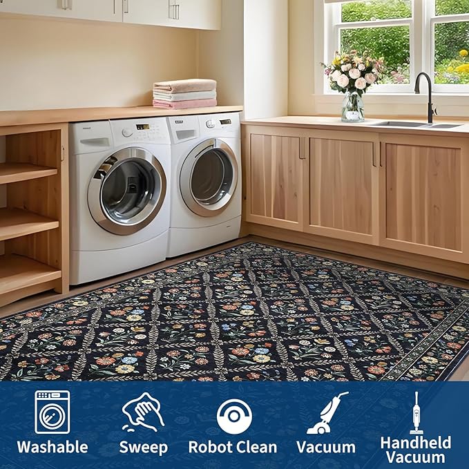 GarveeHome Living Room Rug 5x7 Rug Machine Washable Stain Resistant Area Rug Non Slip Floral Vintage Low Pile Rugs for Living Room, Bedroom, Farmhouse, Dining Room, Kids PlayroomNavy&Black