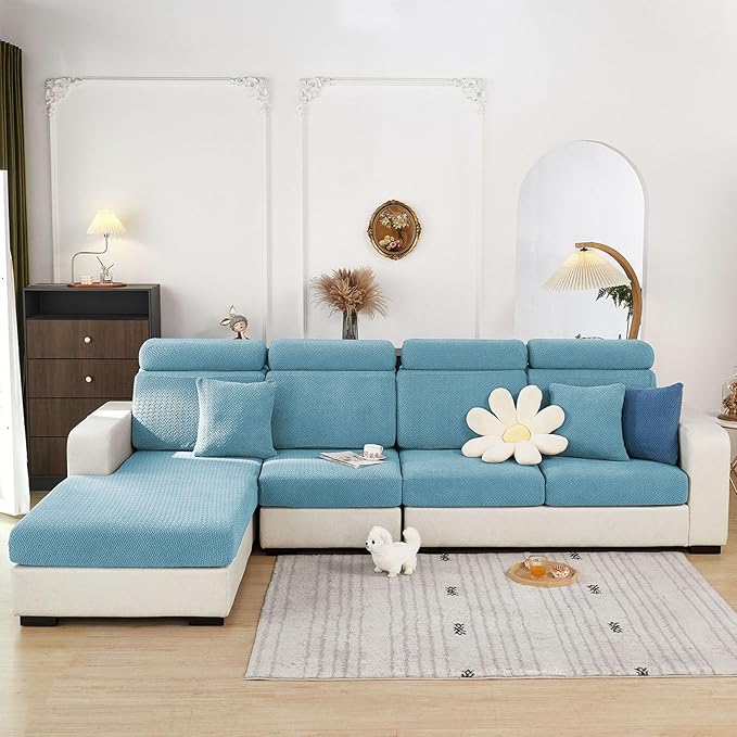 Sofa Covers Couch Covers for Sofa Pet Friendly Couch Cushion Covers Universal Sofa Covers Washable Stretch Slipcovers for Sectional Sofa (Texture Sea Blue,Chaise Cover)