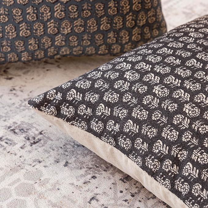 Foindtower Set of 2 Decorative Neutral Body Lumbar Throw Pillow Covers Vintage Accent Farmhouse Cushion Covers Boho Floral Home Decor for Sofa Couch Chair Bedroom Living Room,14×36 Inch,Black