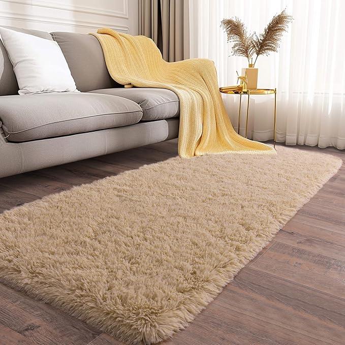 Soft Runner Rugs for Bedroom Hallways, 2x5 Beige Fluffy Shag Throw Area Rug Non Slip for Bedside Dorm, Long Shaggy Furry Carpet for Nursery Living Room