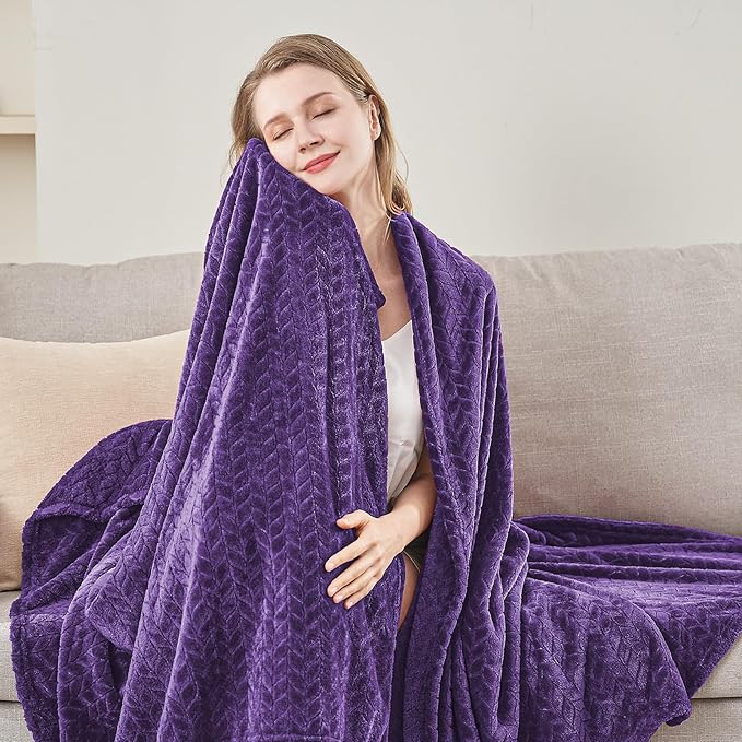inhand Purple Fleece Twin Blanket, Super Soft Flannel Leaves Pattern Fuzzy Blanket for Couch Sofa Bed, 60 x 90 Inches