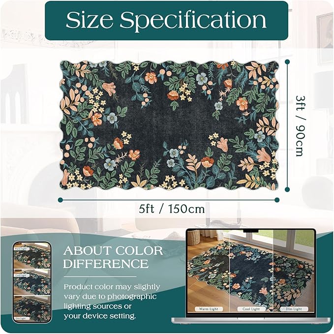Black Floral Entry Rug - 3x5 Ft Washable Indoor Outdoor Mats for Front Door Porch Rug Non-Slip Spring Door Mat Boho Throw Rugs for Living Room Bedroom Entryway Kitchen Office Porch Decor