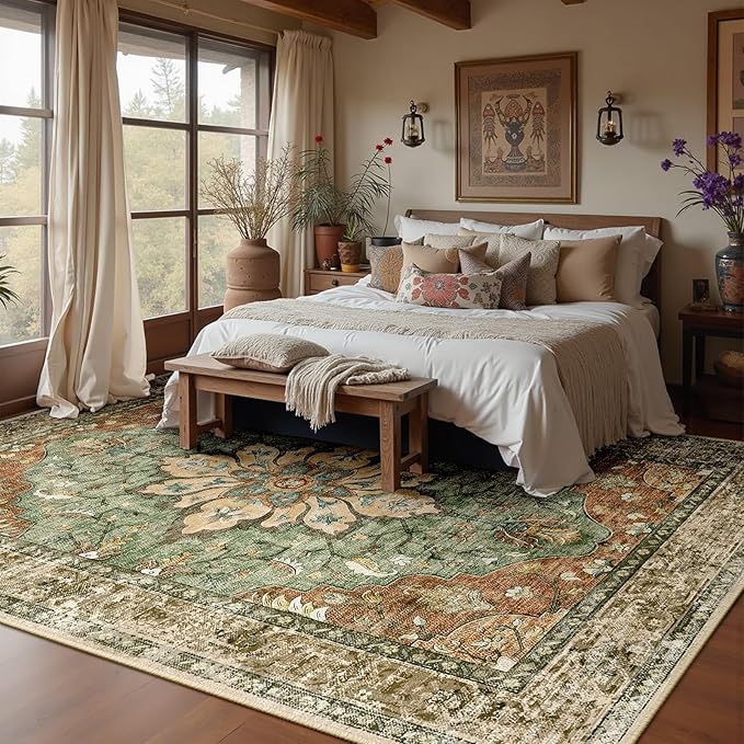 Area Rugs 8'x10' Washable Non-Slip, Floral Vintage Distress Print Pattern Medallion Carpet for Living Room Bedroom Dining Room, Brick Red Rust Neutral Brown Burnt Orange Green
