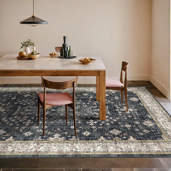 Hazo Haus Black Farmhouse Washable 7x10 Area Rugs for Living Room, Bedroom, Dining Room Table, Dark Charcoal Stain Resistant Non-Slip Large Washable