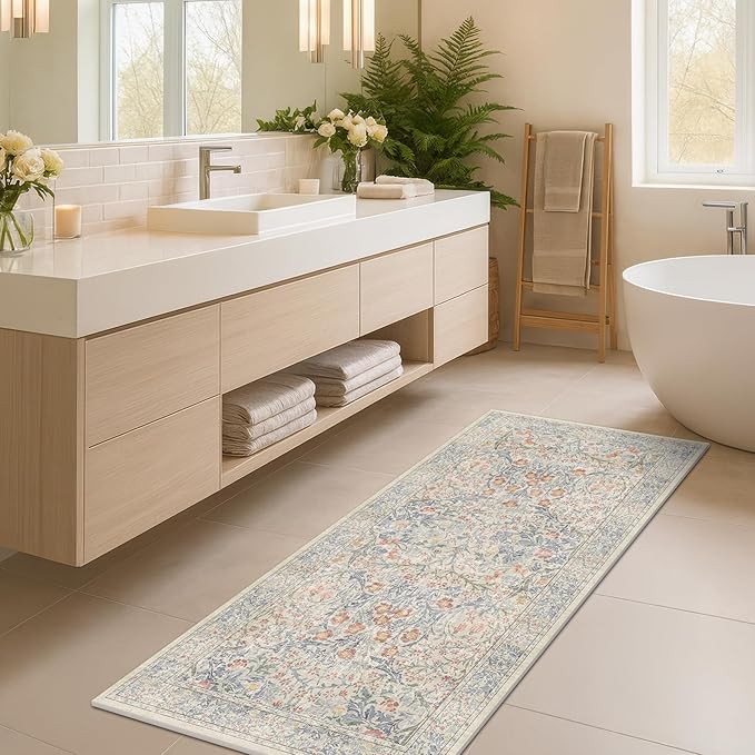 Hazo Haus Washable Bathroom Runner Rug 2x5, Non Slip Runner for Laundry Room, Bathroom Sink Mat - Vintage Pastel Beige Blue Throw Rug, Ultra Soft Low Pile Stain Resistant