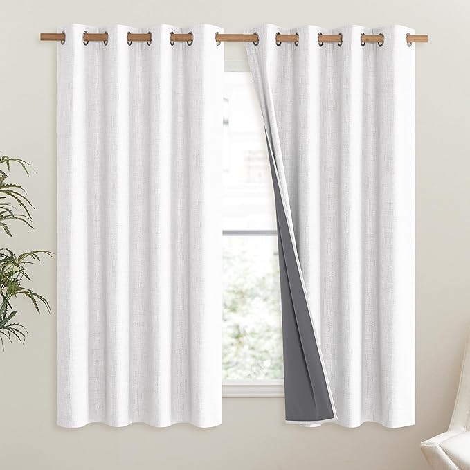 NICETOWN 100% Absolutely Blackout Linen Curtains with Thermal Insulated Liner, Greyish White, 52" Wide, 45" Length Energy Saving Curtains for Living Room 2 Panels Set, Vertical Blinds