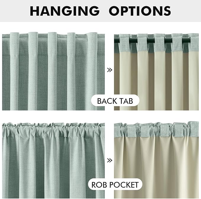 MIULEE 100% Blackout Linen Curtains for Bedroom, Seafoam Green Solid Luxury Decor Thermal Insulation Room Darkening Drapes for Living Room Nursery Back Tab Rod Pocket 42 x 90 Inches, 2 Panels