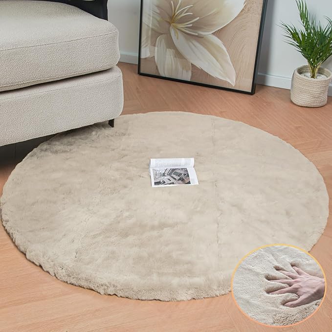 ORINOVA Camel Plush Shag Faux Rabbit Washable Fuzzy Fur Rugs for Living Room Bedroom Kids Circle Small Nursery Area Rug Round Rug 3ft